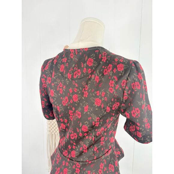 Anthro Meadow & Rue Heartland Floral Faux Wrap Peplum Top Size XS Black Red - Picture 10 of 12